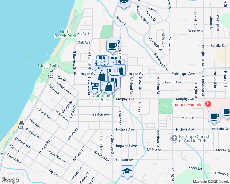 map of restaurants, bars, coffee shops, grocery stores, and more near 104 South Section Street in Fairhope