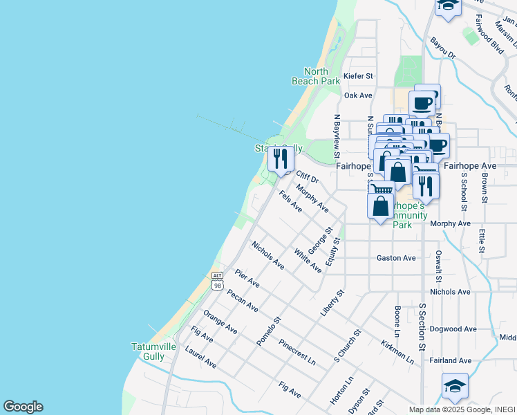 map of restaurants, bars, coffee shops, grocery stores, and more near 218 South Mobile Street in Fairhope