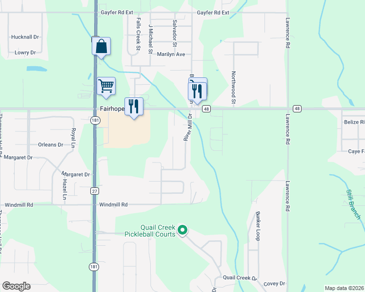 map of restaurants, bars, coffee shops, grocery stores, and more near 20295 River Mill Drive in Fairhope