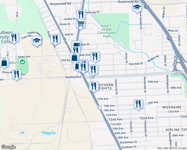 map of restaurants, bars, coffee shops, grocery stores, and more near 1531 Harding Boulevard in Baton Rouge