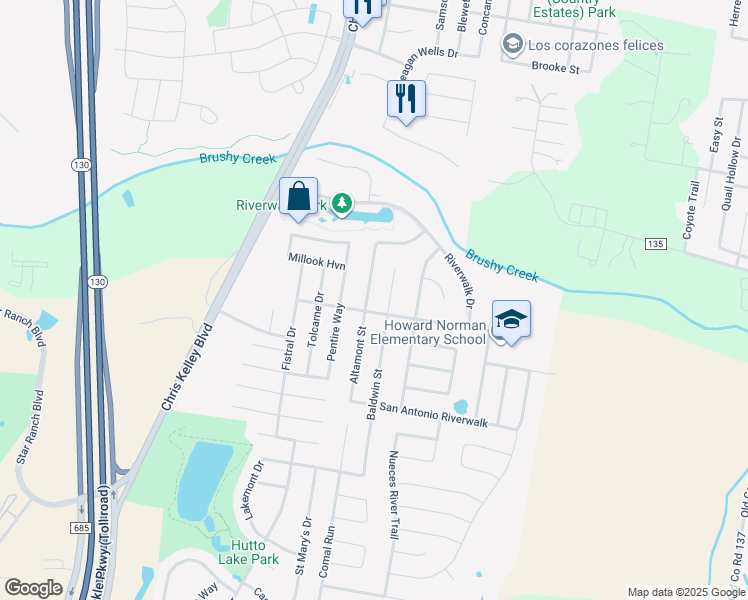 map of restaurants, bars, coffee shops, grocery stores, and more near 124 Baldwin Street in Hutto