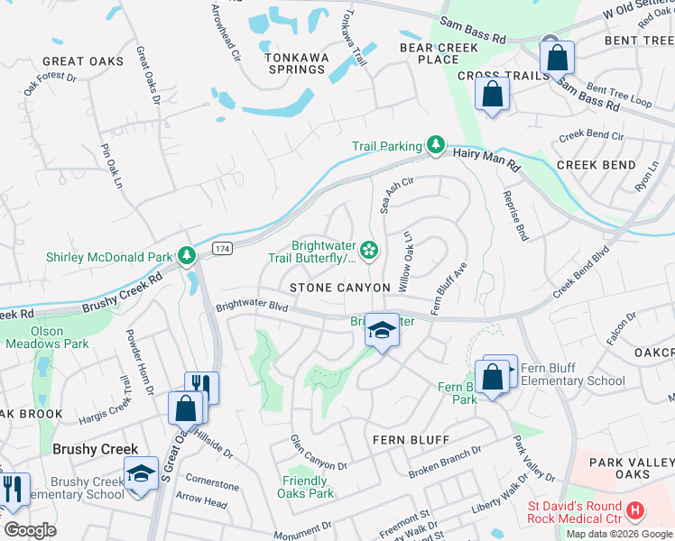 map of restaurants, bars, coffee shops, grocery stores, and more near 8303 Full Moon Trail in Round Rock