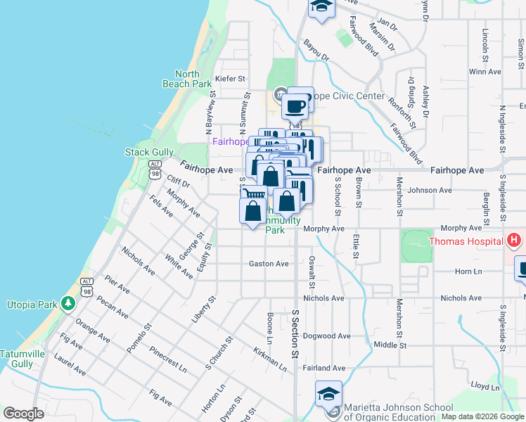 map of restaurants, bars, coffee shops, grocery stores, and more near 100 South Church Street in Fairhope