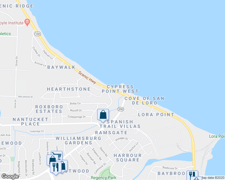 map of restaurants, bars, coffee shops, grocery stores, and more near 8709 Scenic Highway in Pensacola