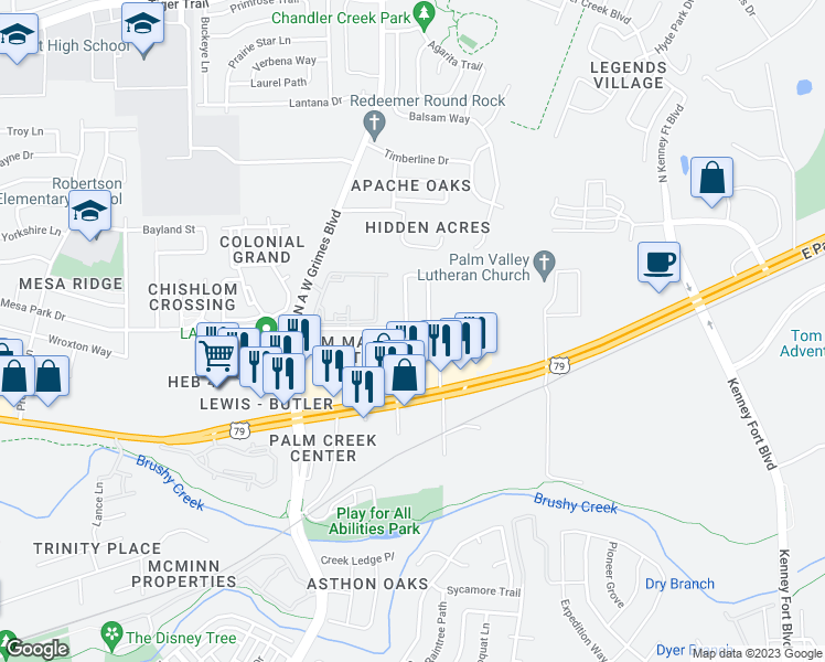 map of restaurants, bars, coffee shops, grocery stores, and more near 956 Centerra Hills Circle in Round Rock