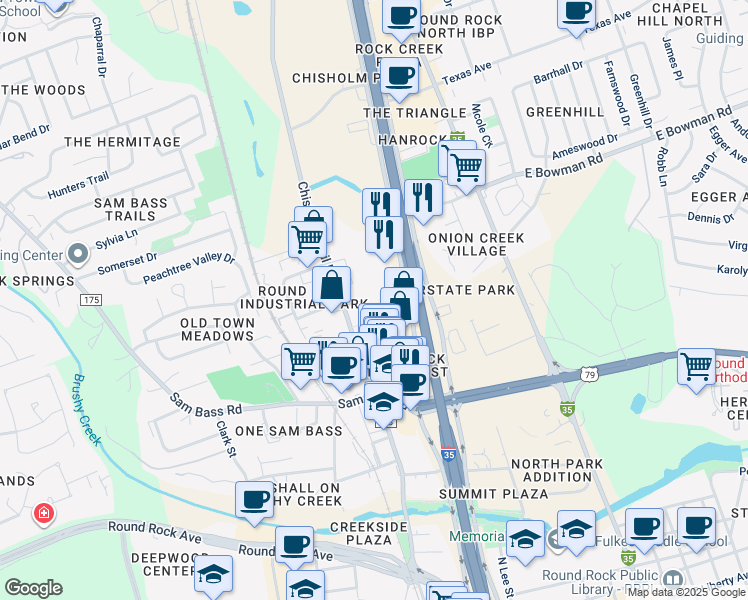 map of restaurants, bars, coffee shops, grocery stores, and more near 1311 Chisholm Trail in Round Rock