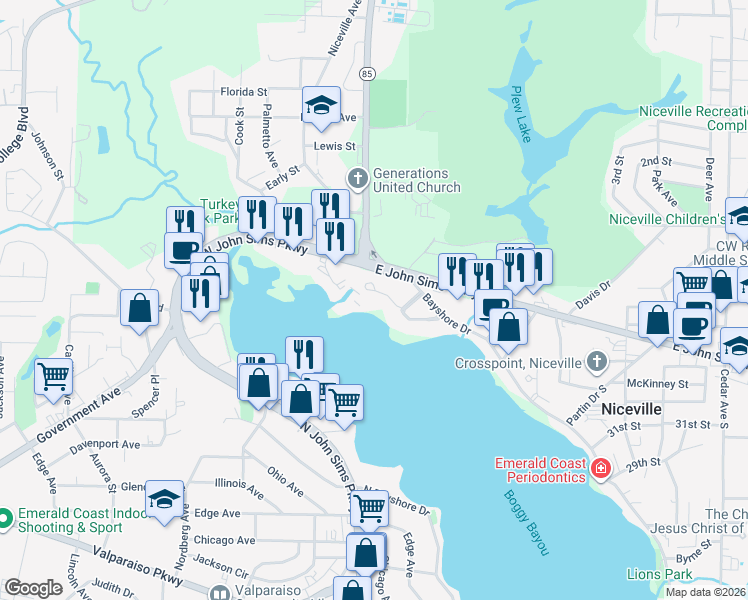 map of restaurants, bars, coffee shops, grocery stores, and more near 202 Regatta Drive in Niceville