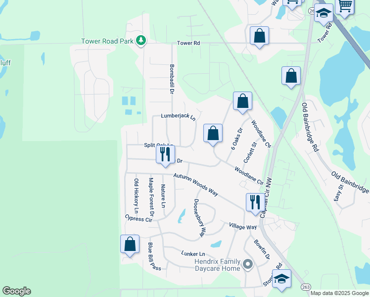 map of restaurants, bars, coffee shops, grocery stores, and more near 5701 Split Oak Lane in Tallahassee