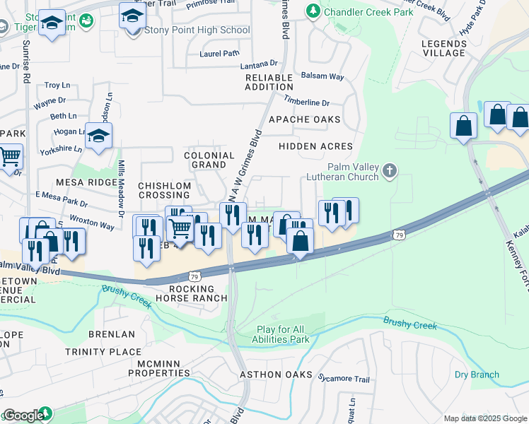 map of restaurants, bars, coffee shops, grocery stores, and more near 2001 Plateau Vista Boulevard in Round Rock