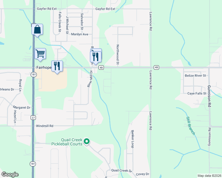 map of restaurants, bars, coffee shops, grocery stores, and more near 10499 Windmill Road in Fairhope