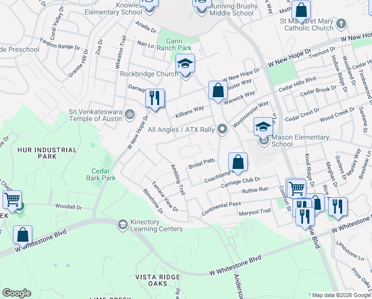 map of restaurants, bars, coffee shops, grocery stores, and more near 2108 Quiet Stables Circle in Cedar Park