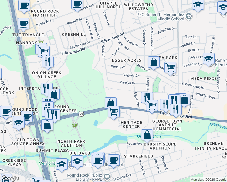 map of restaurants, bars, coffee shops, grocery stores, and more near 505 West Oak Drive in Round Rock