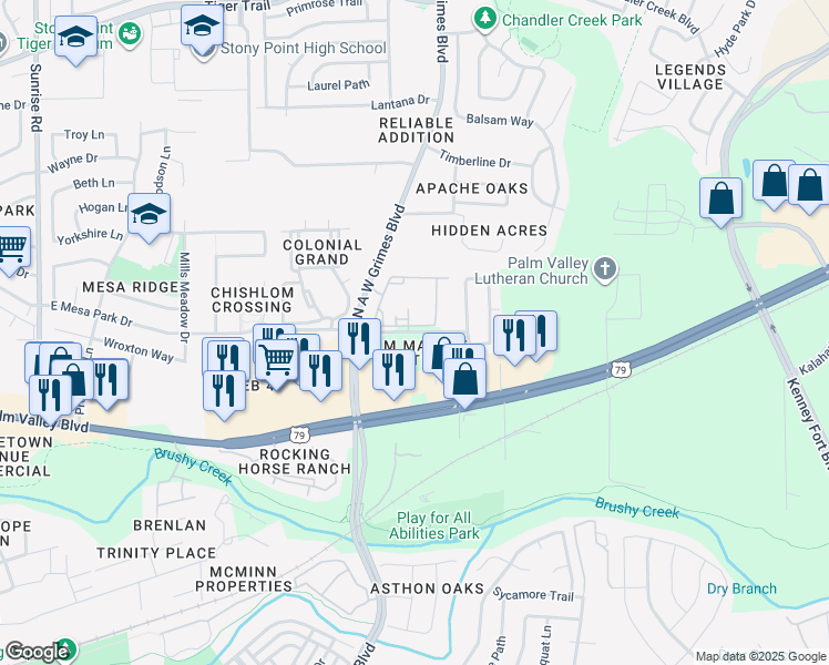 map of restaurants, bars, coffee shops, grocery stores, and more near 2014 Palm Valley Boulevard in Round Rock