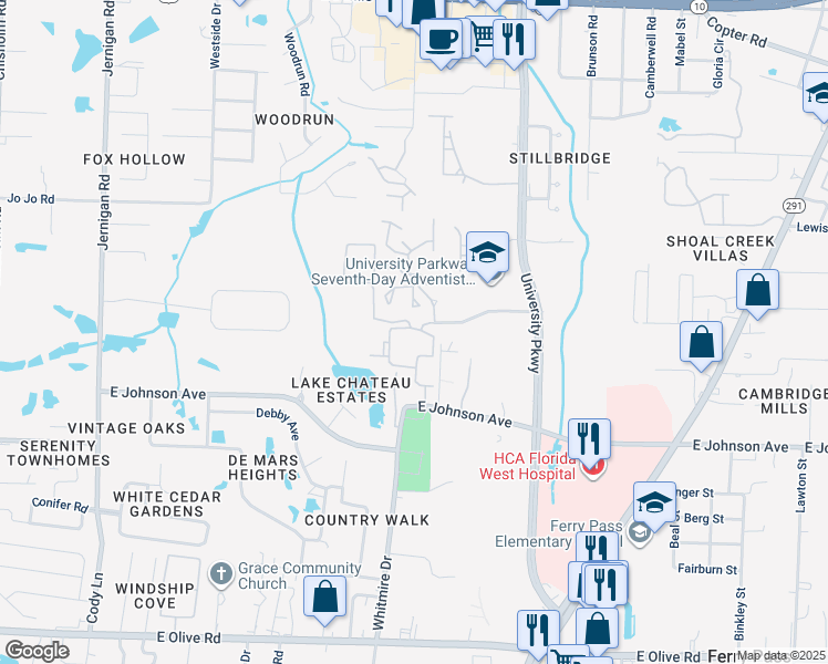 map of restaurants, bars, coffee shops, grocery stores, and more near 8550 Gift Drive in Pensacola