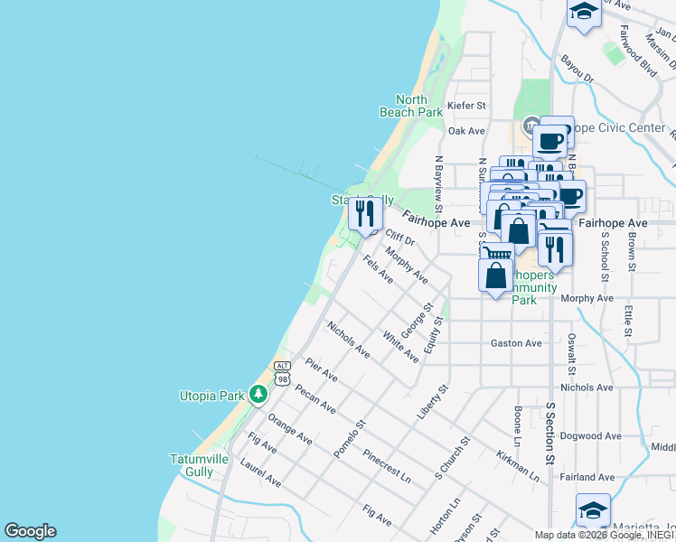 map of restaurants, bars, coffee shops, grocery stores, and more near 210 South Mobile Street in Fairhope