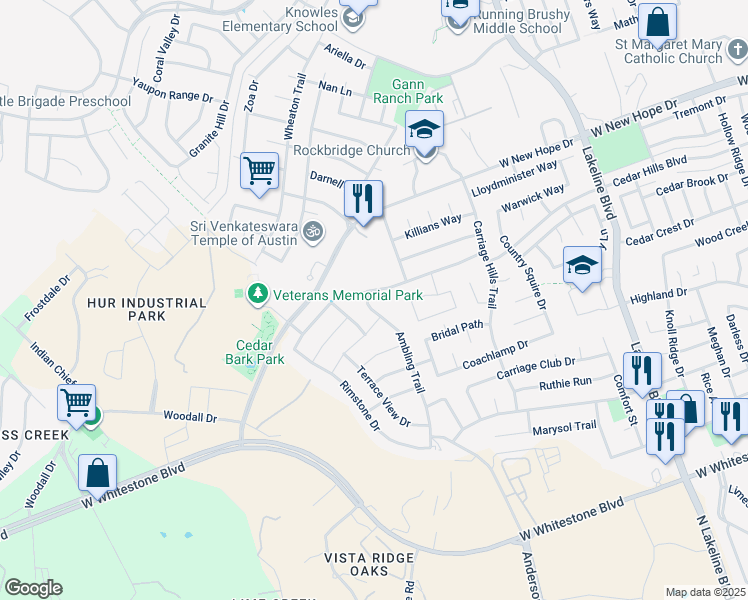 map of restaurants, bars, coffee shops, grocery stores, and more near 1706 Ambling Trail in Cedar Park