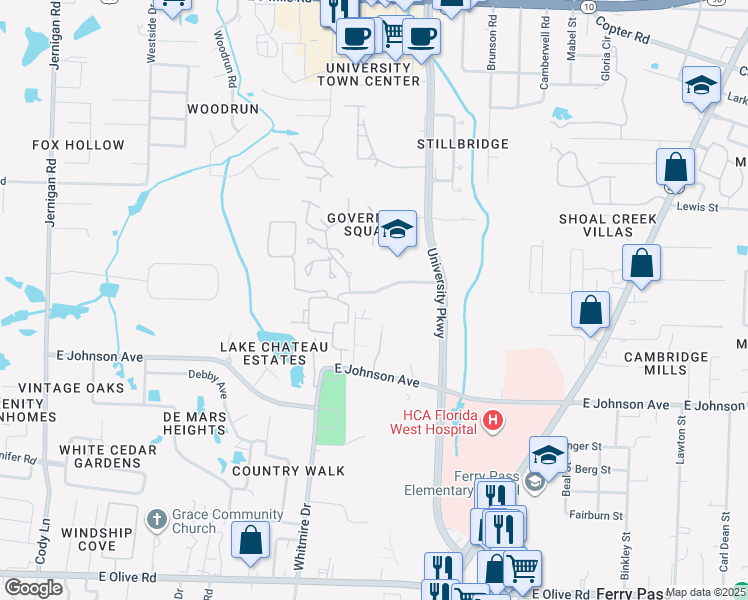 map of restaurants, bars, coffee shops, grocery stores, and more near 1629 Governor's Drive in Pensacola