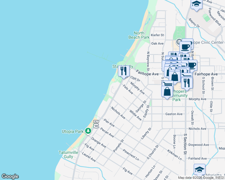 map of restaurants, bars, coffee shops, grocery stores, and more near 218 South Mobile Street in Fairhope