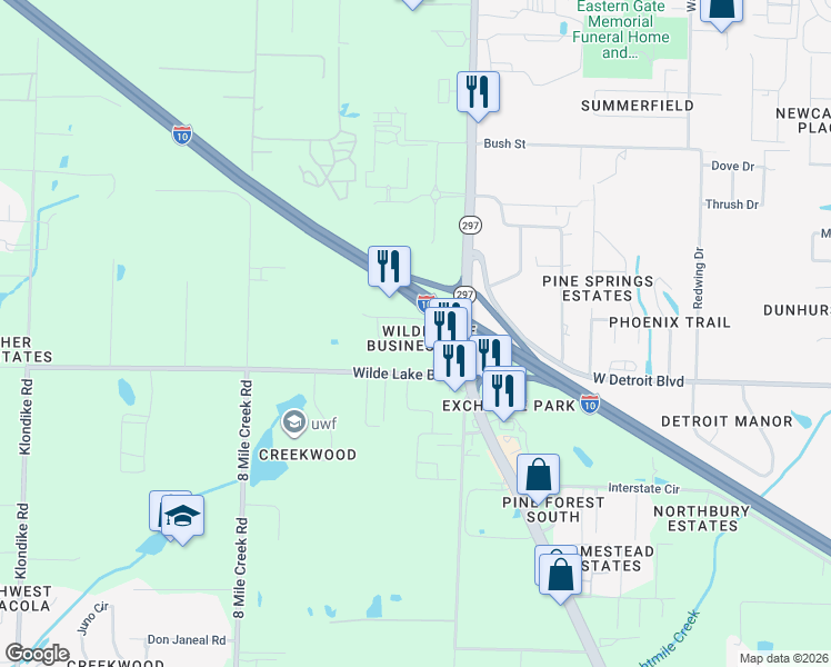 map of restaurants, bars, coffee shops, grocery stores, and more near 8021 Lavelle Way in Pensacola