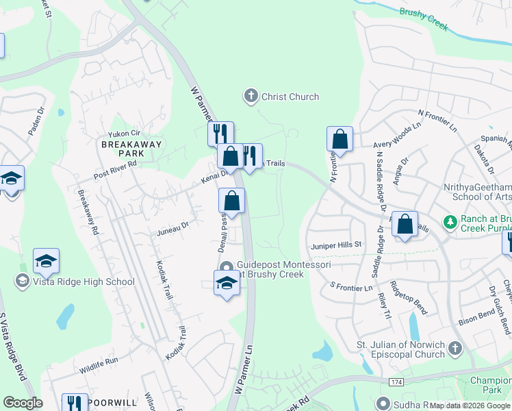 map of restaurants, bars, coffee shops, grocery stores, and more near 11900 West Parmer Lane in Cedar Park