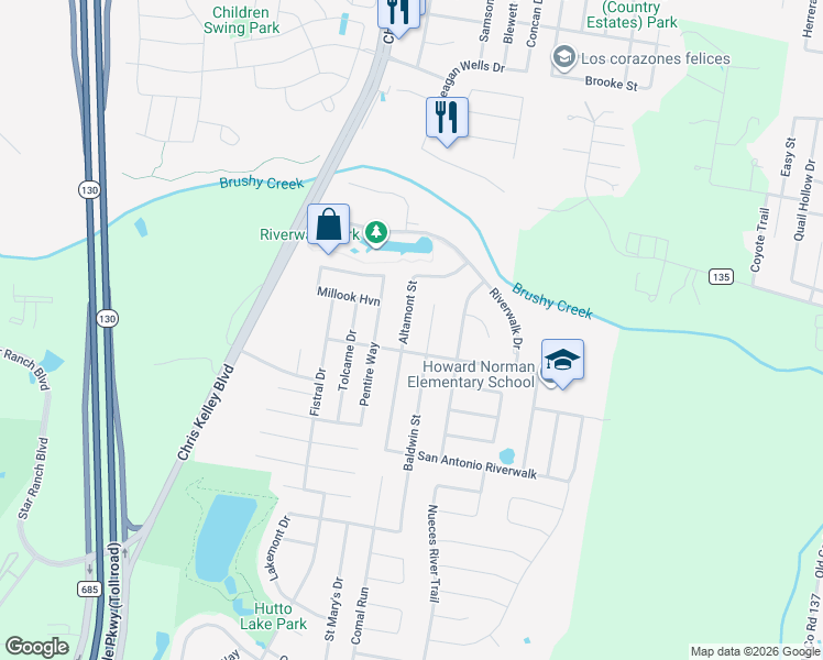 map of restaurants, bars, coffee shops, grocery stores, and more near 223 Altamont Street in Hutto