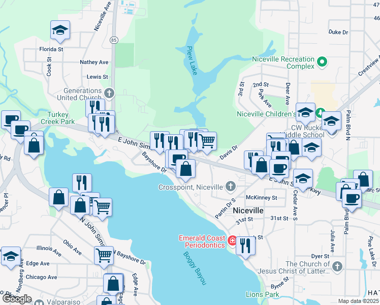 map of restaurants, bars, coffee shops, grocery stores, and more near 406 John Sims Parkway in Niceville
