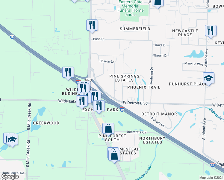 map of restaurants, bars, coffee shops, grocery stores, and more near 2294 West Detroit Boulevard in Pensacola
