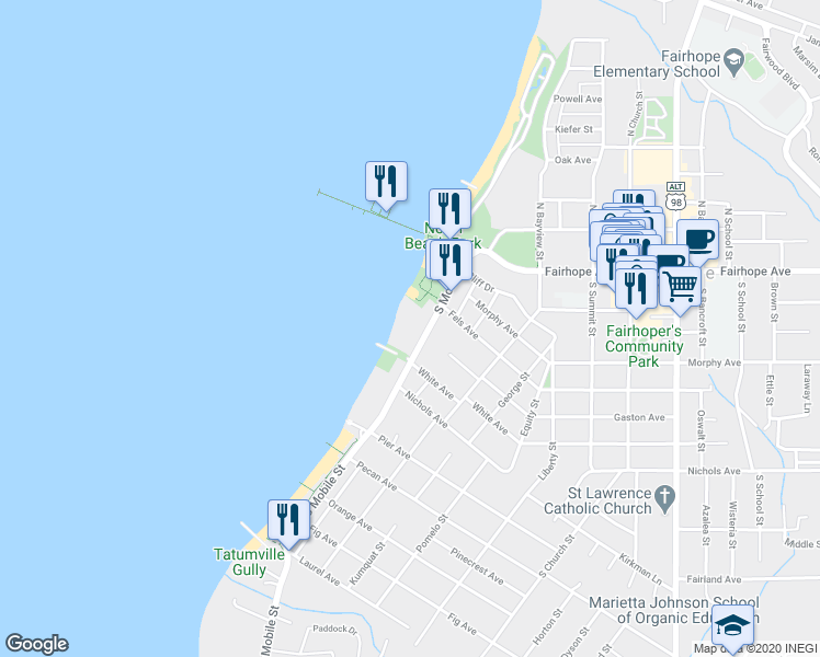 map of restaurants, bars, coffee shops, grocery stores, and more near 218 South Mobile Street in Fairhope