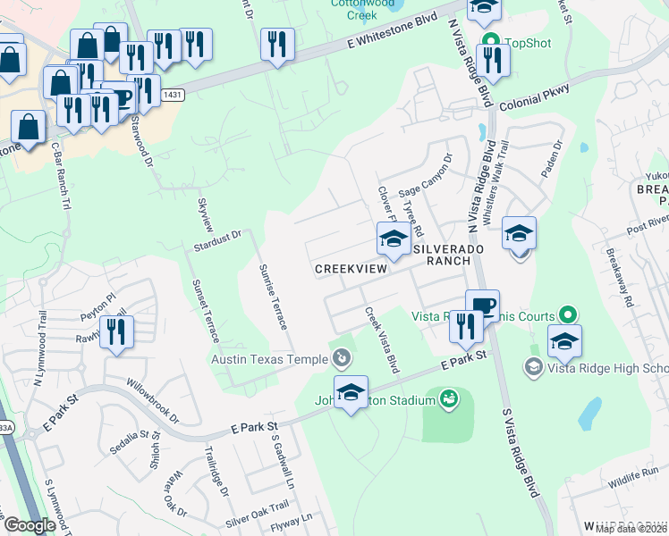 map of restaurants, bars, coffee shops, grocery stores, and more near 1817 Golden Arrow Avenue in Cedar Park
