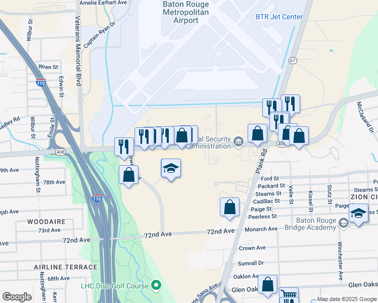 map of restaurants, bars, coffee shops, grocery stores, and more near 3842 Harding Boulevard in Baton Rouge