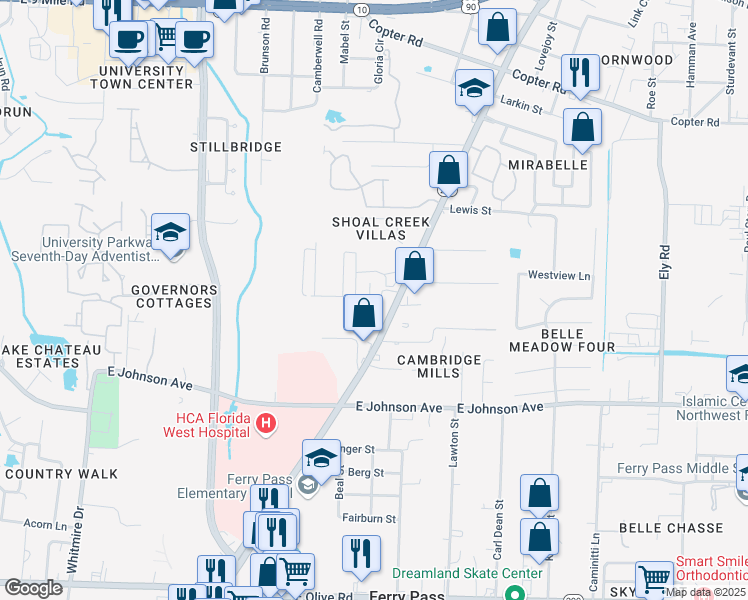 map of restaurants, bars, coffee shops, grocery stores, and more near 8619 North Davis Highway in Pensacola