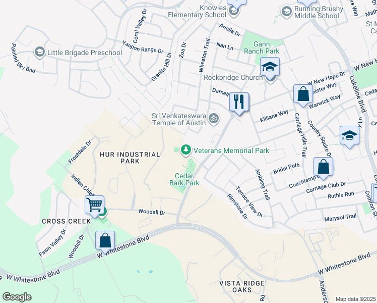 map of restaurants, bars, coffee shops, grocery stores, and more near 2525 West New Hope Drive in Cedar Park