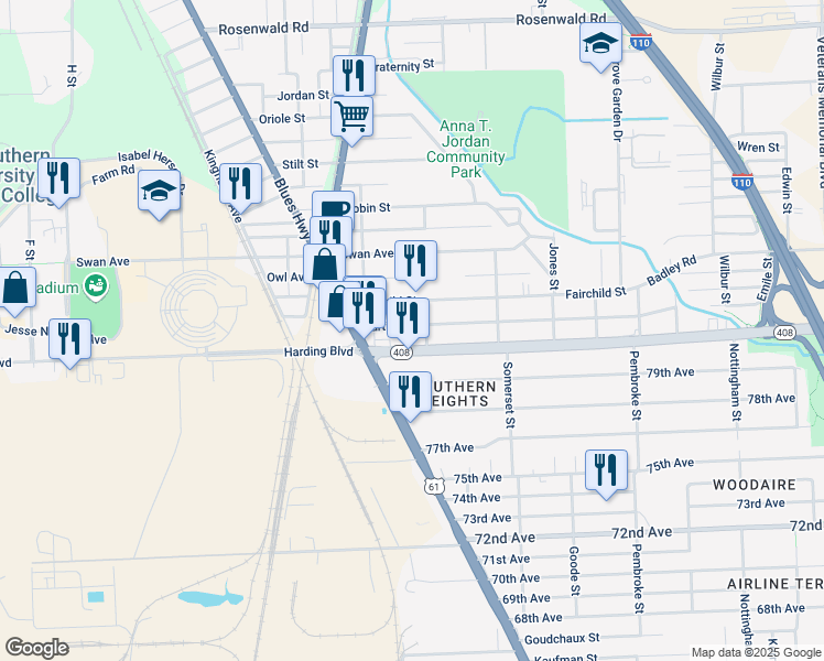 map of restaurants, bars, coffee shops, grocery stores, and more near 1531 Harding Boulevard in Baton Rouge