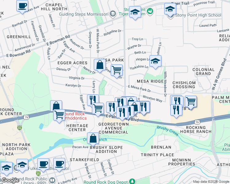 map of restaurants, bars, coffee shops, grocery stores, and more near 1300 Sunrise Road in Round Rock