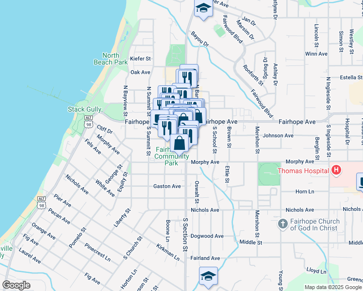 map of restaurants, bars, coffee shops, grocery stores, and more near 104 South Section Street in Fairhope