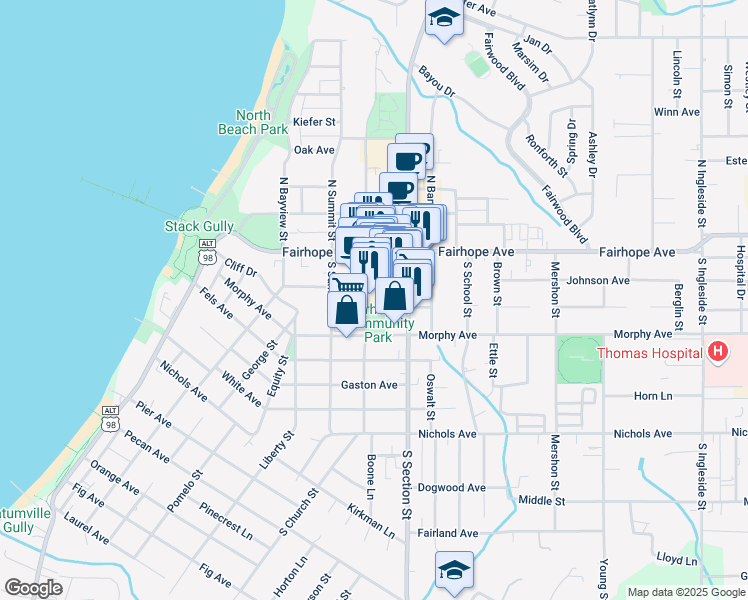 map of restaurants, bars, coffee shops, grocery stores, and more near 63 South Church Street in Fairhope