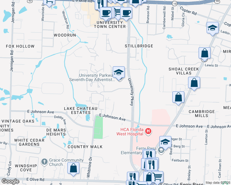 map of restaurants, bars, coffee shops, grocery stores, and more near 1629 Governor's Drive in Pensacola