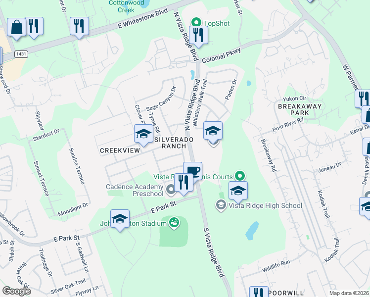 map of restaurants, bars, coffee shops, grocery stores, and more near 320 Gold Star Drive in Cedar Park