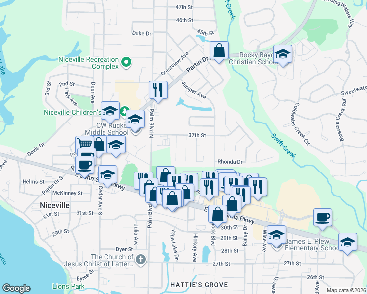 map of restaurants, bars, coffee shops, grocery stores, and more near 100 Alan A Dale Drive in Niceville