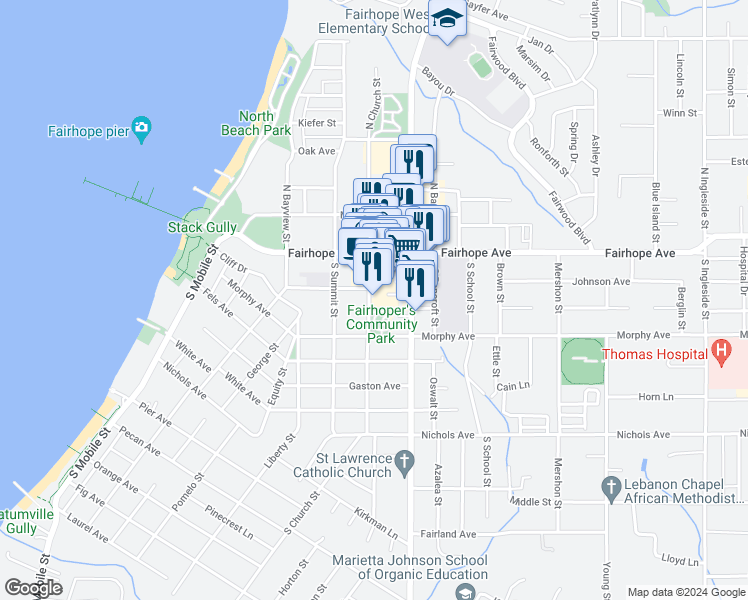 map of restaurants, bars, coffee shops, grocery stores, and more near 63 South Church Street in Fairhope