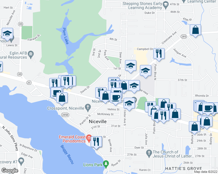 map of restaurants, bars, coffee shops, grocery stores, and more near 111 Juniper Street in Niceville