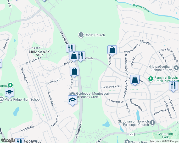 map of restaurants, bars, coffee shops, grocery stores, and more near 3440 Ranch Trails in Cedar Park