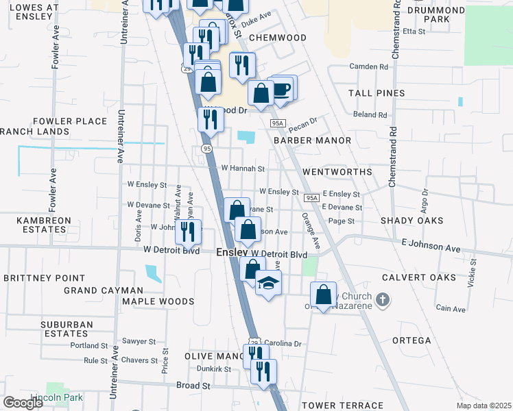 map of restaurants, bars, coffee shops, grocery stores, and more near 8600 Juniper Avenue in Pensacola