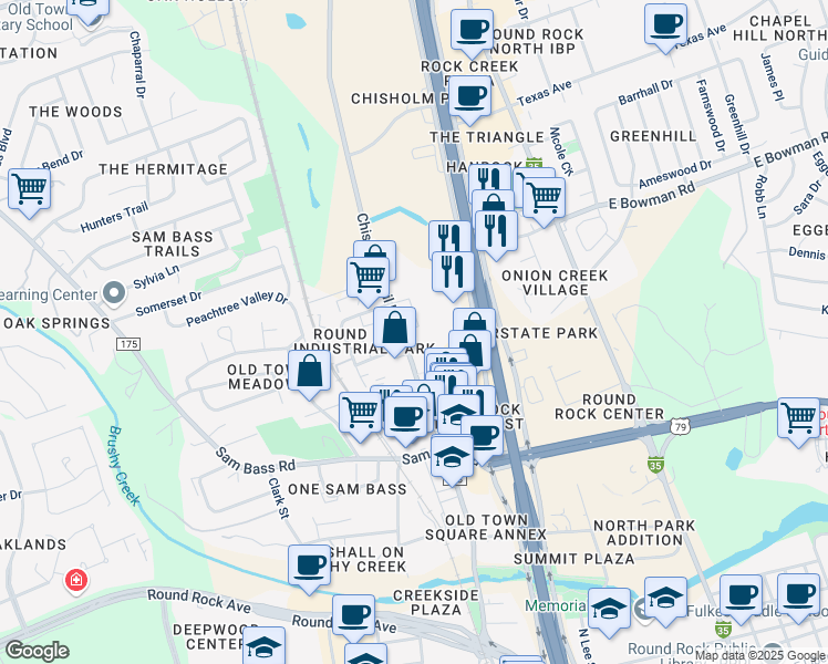 map of restaurants, bars, coffee shops, grocery stores, and more near 1525 Chisholm Trail Road in Round Rock