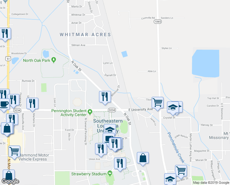map of restaurants, bars, coffee shops, grocery stores, and more near 8 Whitmar Drive in Hammond