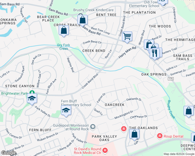 map of restaurants, bars, coffee shops, grocery stores, and more near 2303 Hairy Man Road in Round Rock