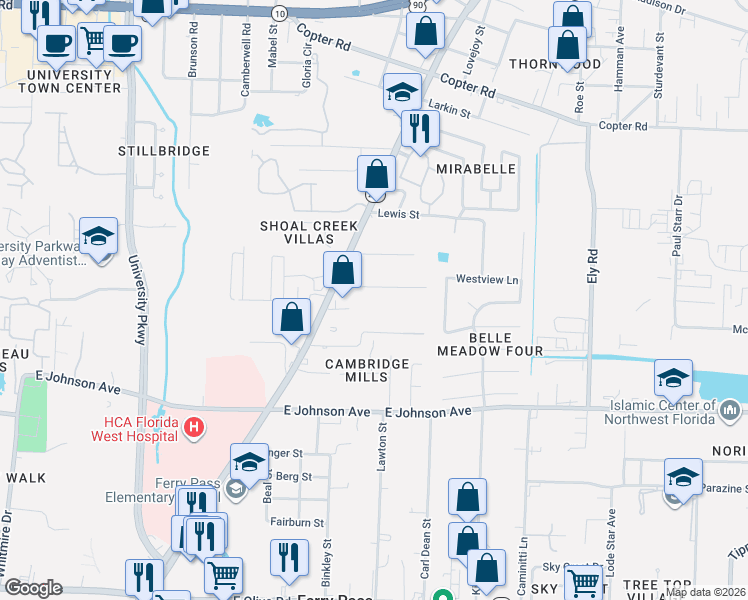 map of restaurants, bars, coffee shops, grocery stores, and more near 2301-2407 Ladd Drive in Pensacola