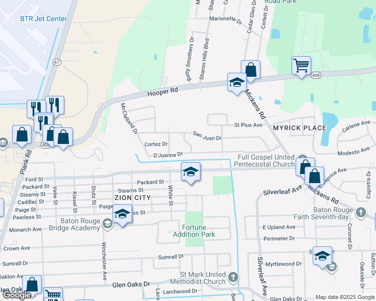 map of restaurants, bars, coffee shops, grocery stores, and more near 8035 Santa Barbara Drive in Baton Rouge