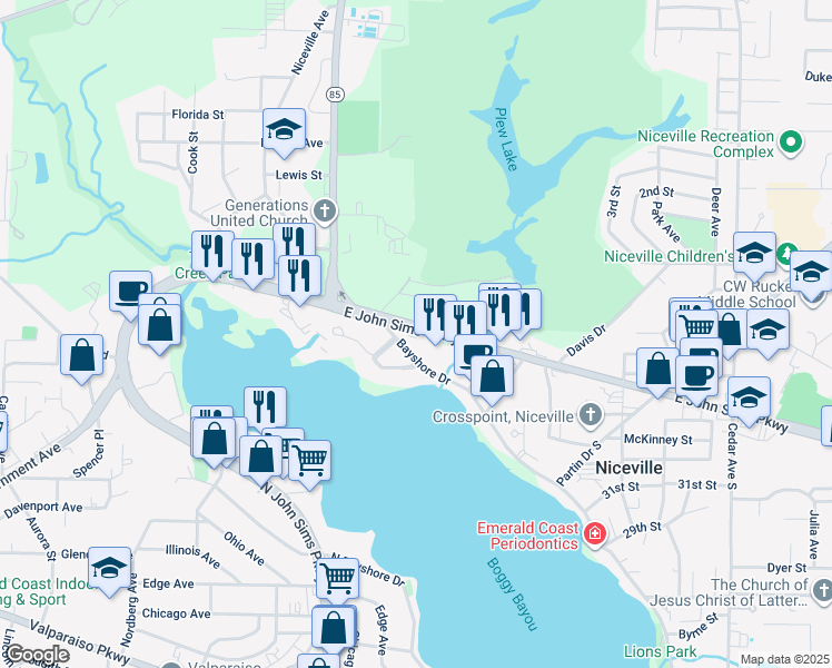 map of restaurants, bars, coffee shops, grocery stores, and more near 138 John Sims Parkway in Niceville