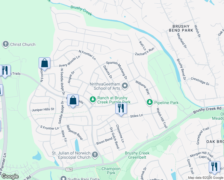 map of restaurants, bars, coffee shops, grocery stores, and more near 122 Driftwood Drive in Cedar Park
